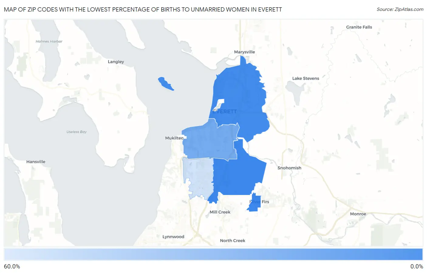 Zip Codes with the Lowest Percentage of Births to Unmarried Women in Everett Map