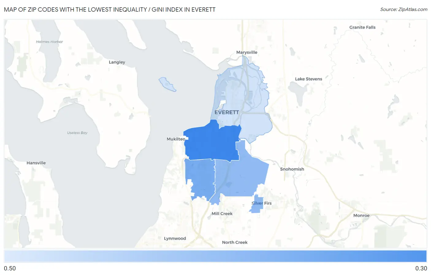 Zip Codes with the Lowest Inequality / Gini Index in Everett Map