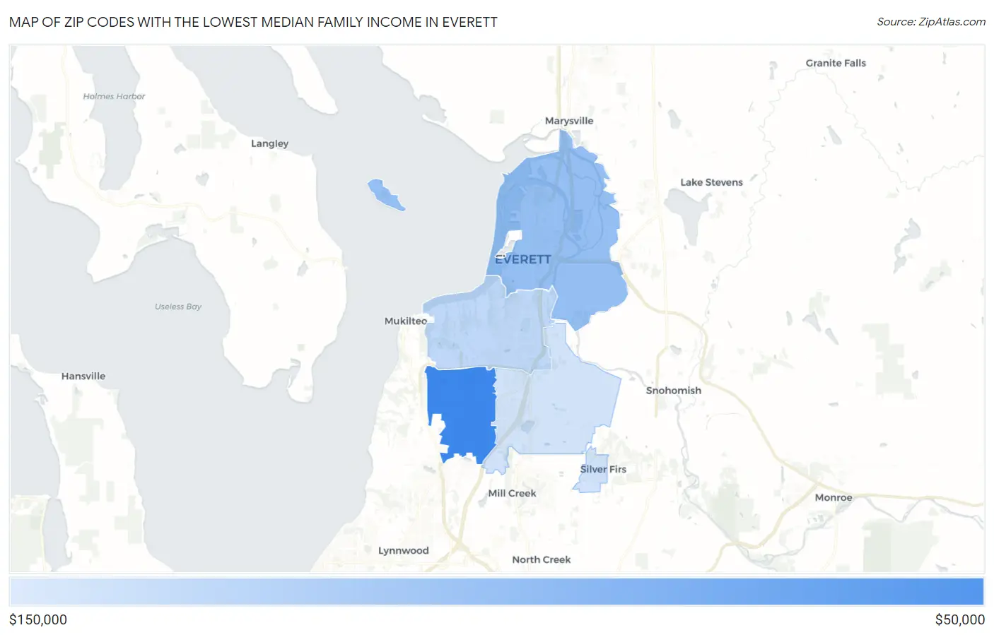 Zip Codes with the Lowest Median Family Income in Everett Map
