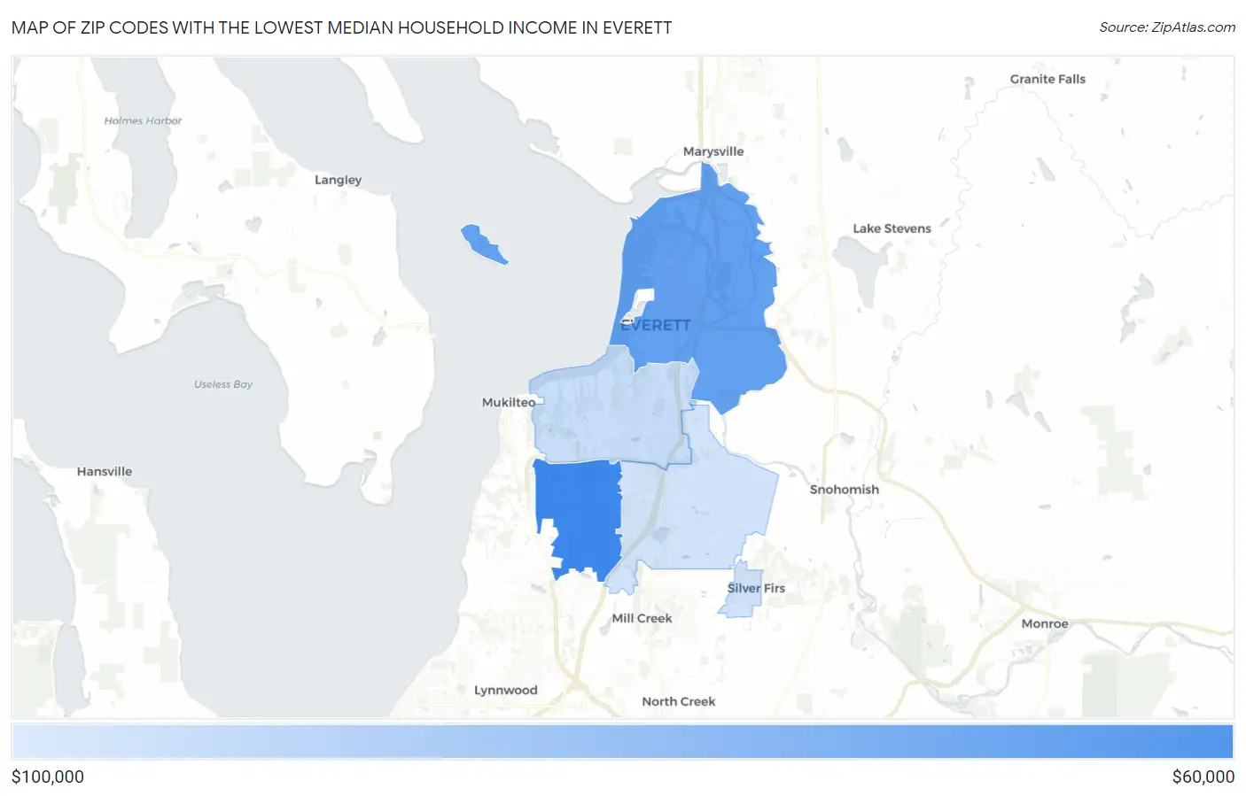 Zip Codes with the Lowest Median Household Income in Everett Map