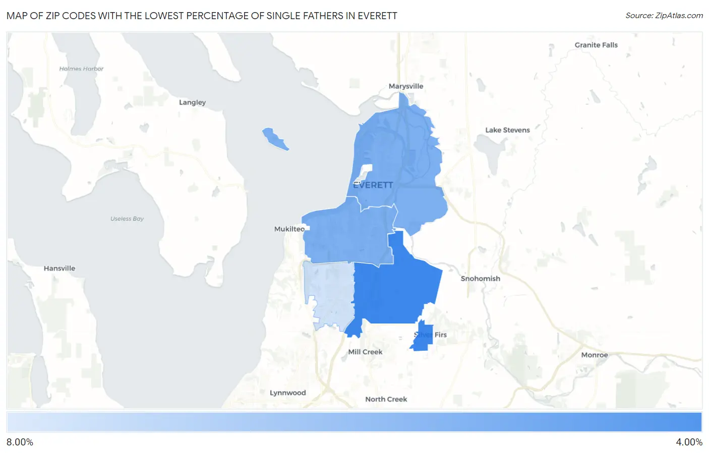 Zip Codes with the Lowest Percentage of Single Fathers in Everett Map