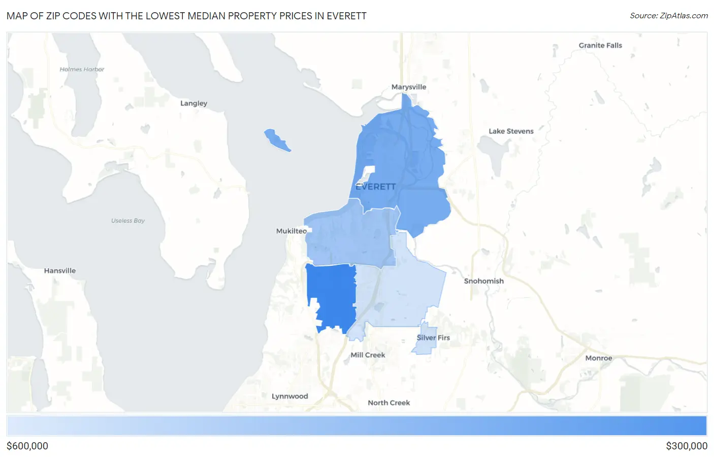 Zip Codes with the Lowest Median Property Prices in Everett Map