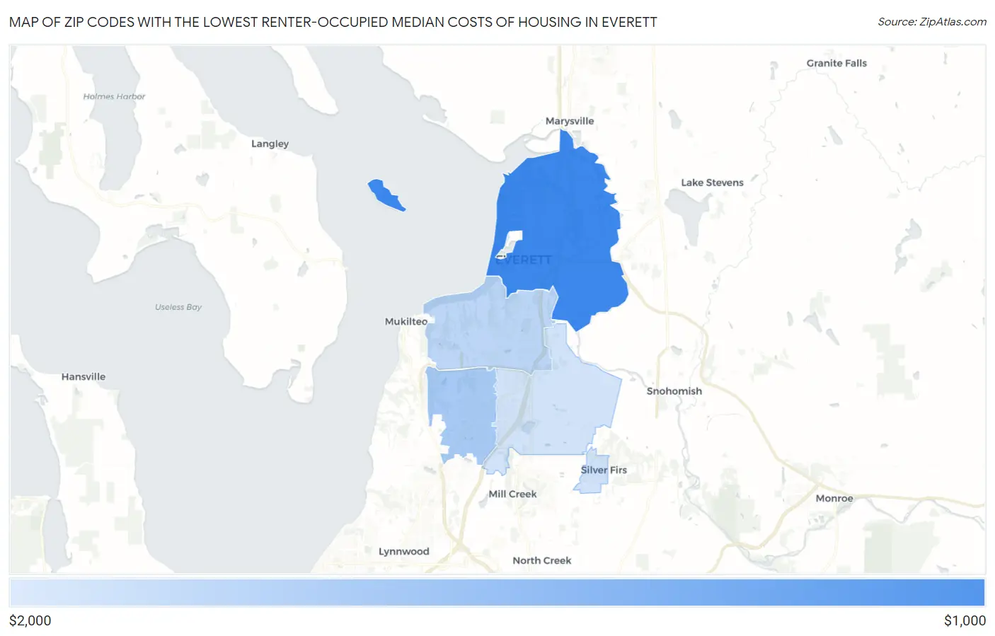Zip Codes with the Lowest Renter-Occupied Median Costs of Housing in Everett Map