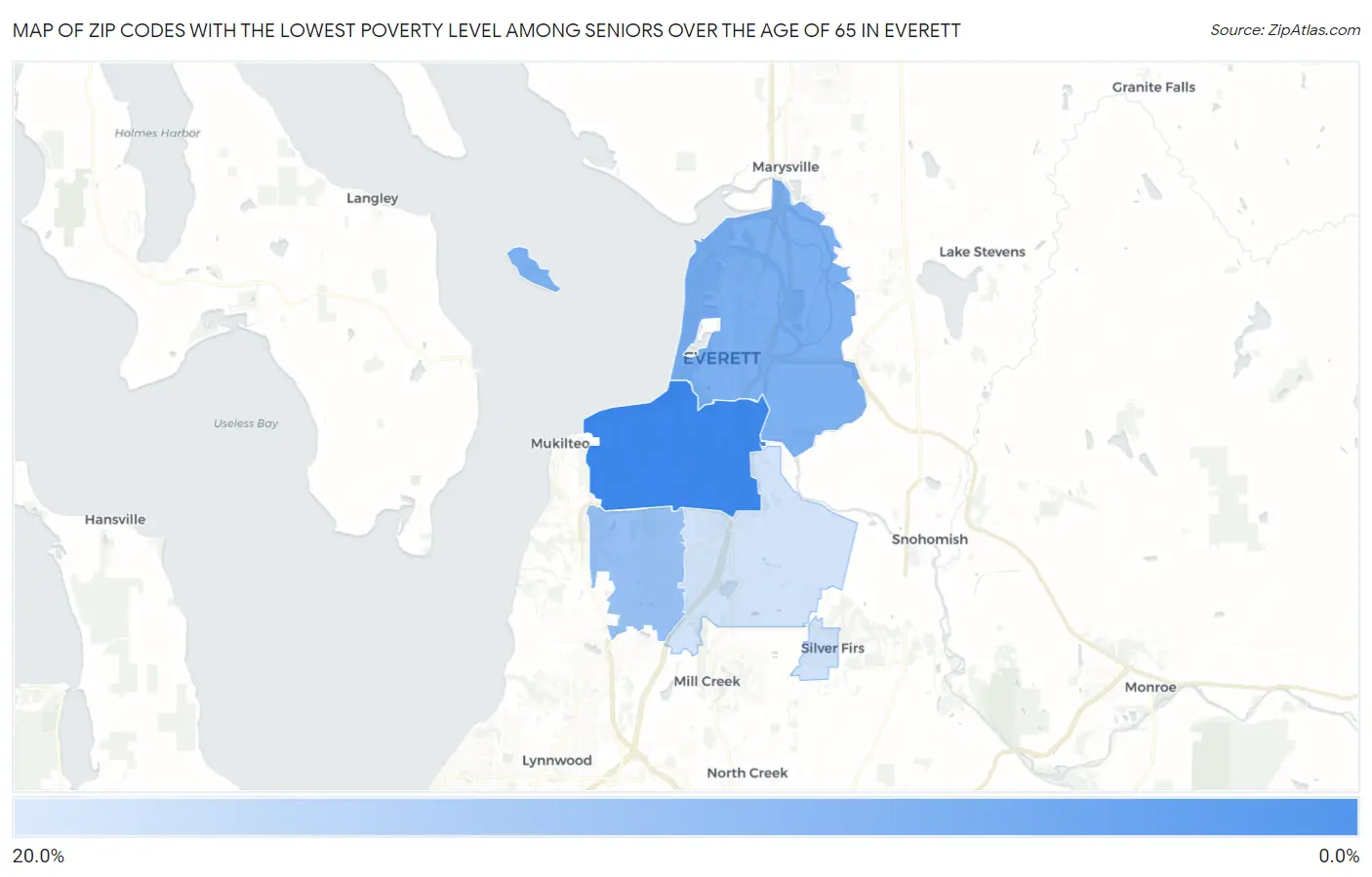 Zip Codes with the Lowest Poverty Level Among Seniors Over the Age of 65 in Everett Map
