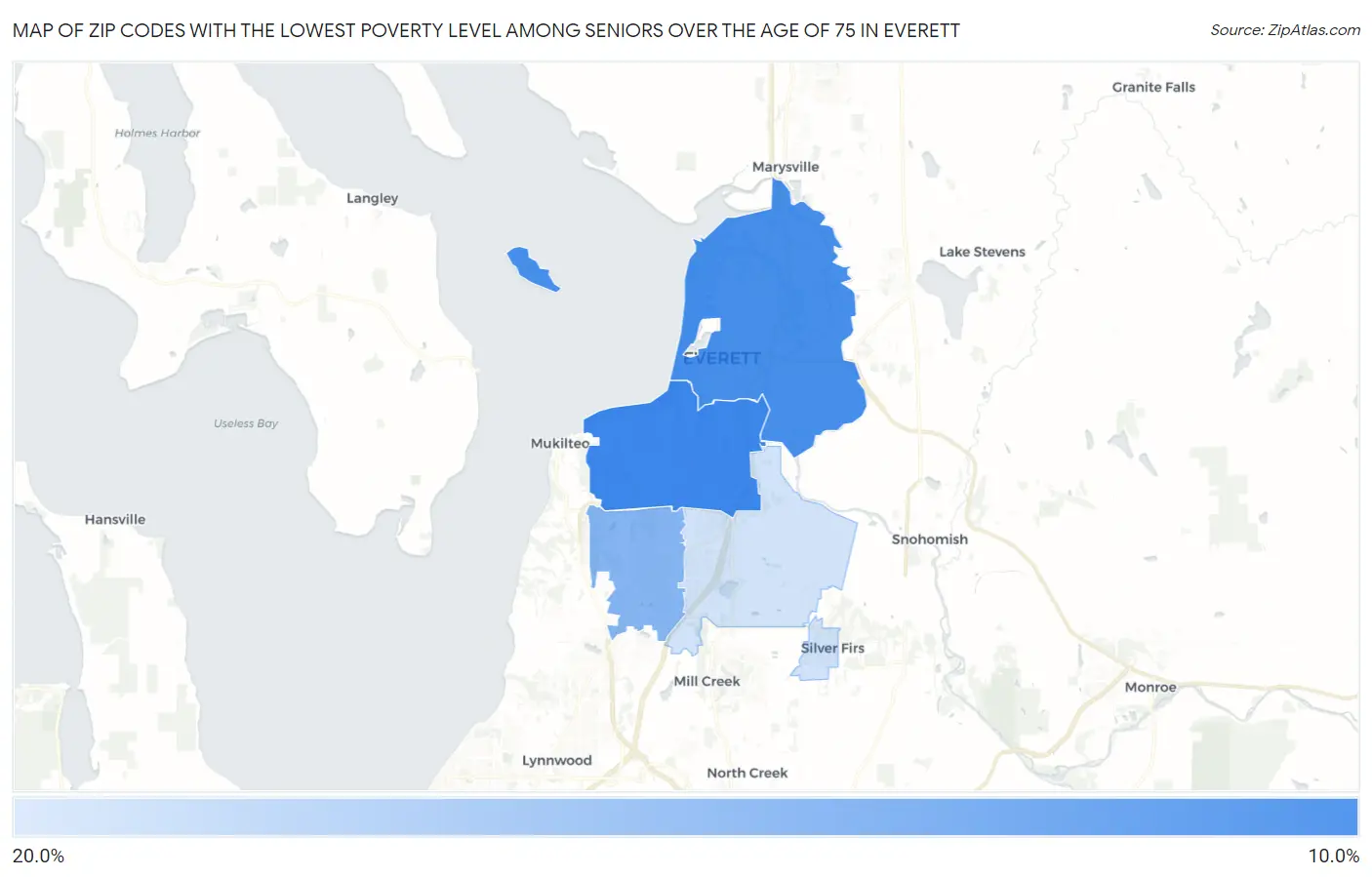 Zip Codes with the Lowest Poverty Level Among Seniors Over the Age of 75 in Everett Map