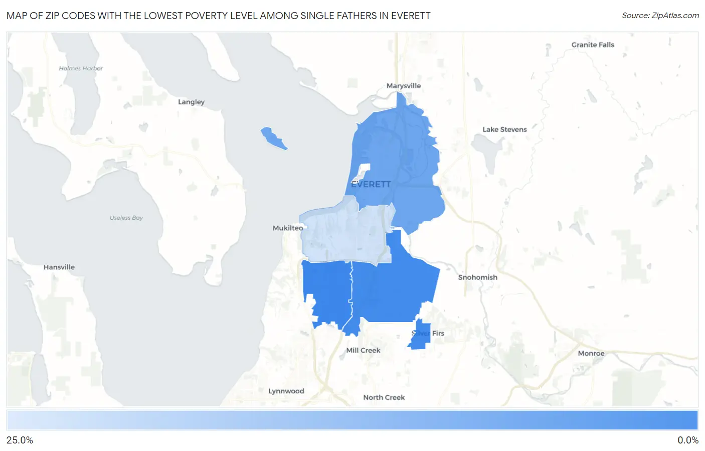 Zip Codes with the Lowest Poverty Level Among Single Fathers in Everett Map