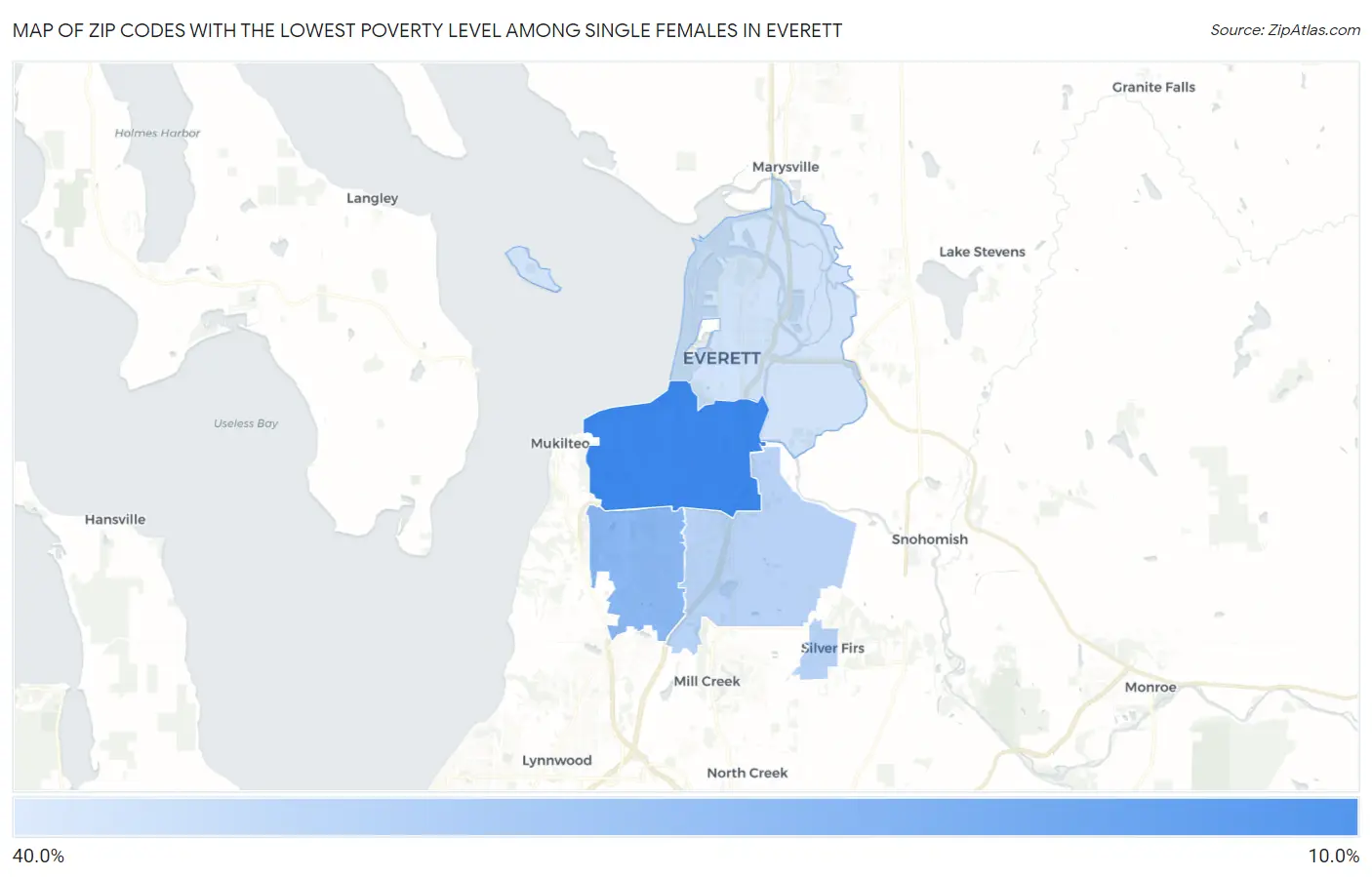 Zip Codes with the Lowest Poverty Level Among Single Females in Everett Map