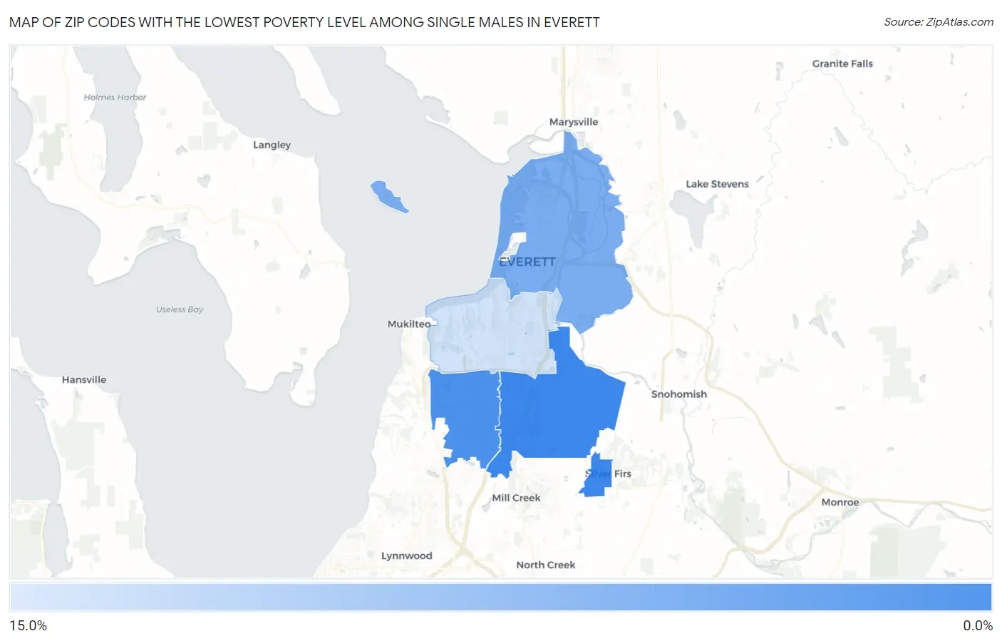 Zip Codes with the Lowest Poverty Level Among Single Males in Everett Map
