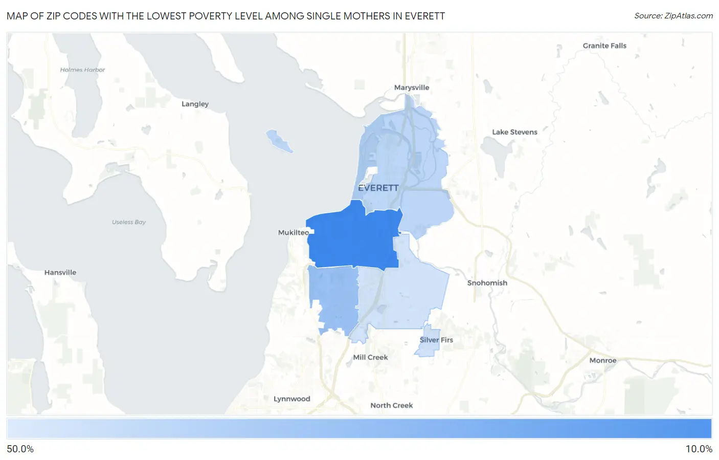 Zip Codes with the Lowest Poverty Level Among Single Mothers in Everett Map