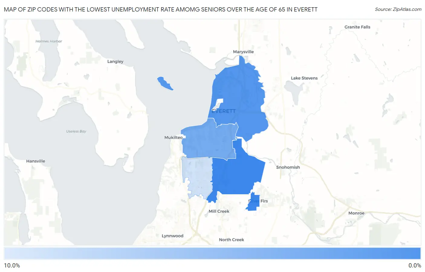 Zip Codes with the Lowest Unemployment Rate Amomg Seniors Over the Age of 65 in Everett Map