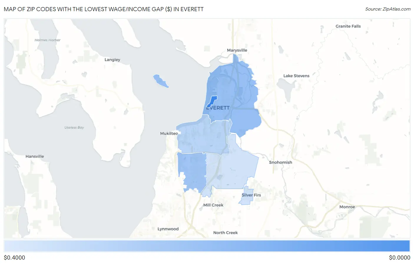 Zip Codes with the Lowest Wage/Income Gap ($) in Everett Map
