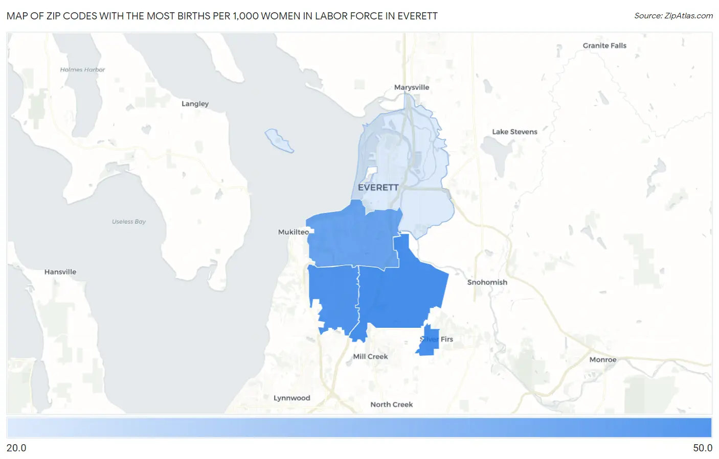 Zip Codes with the Most Births per 1,000 Women in Labor Force in Everett Map