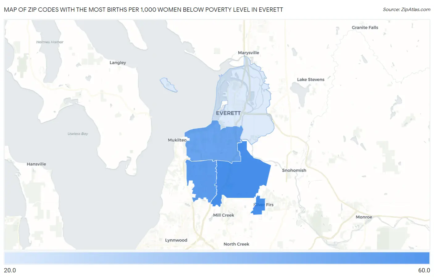 Zip Codes with the Most Births per 1,000 Women Below Poverty Level in Everett Map