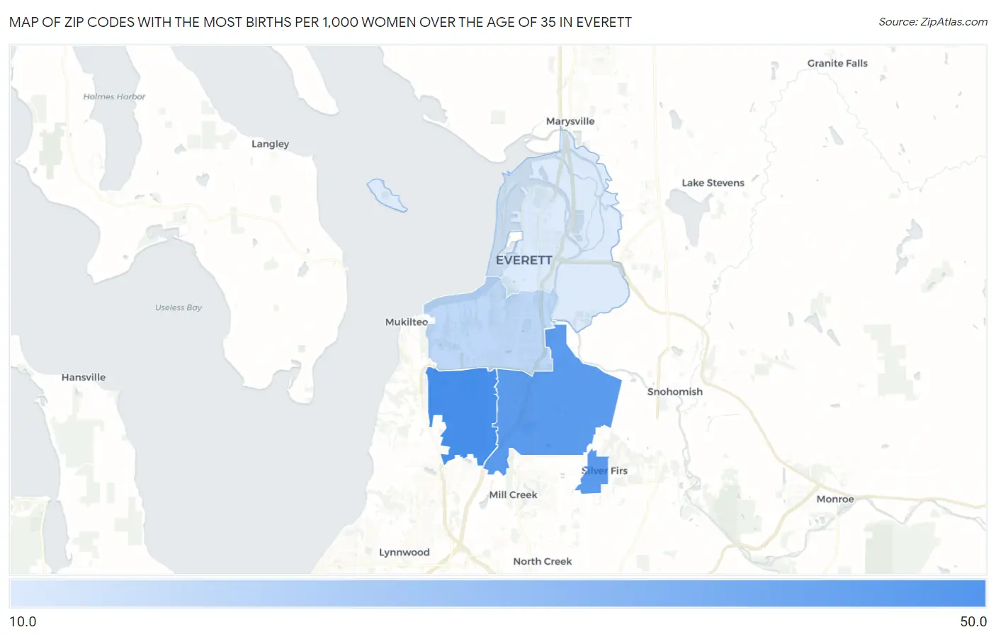 Zip Codes with the Most Births per 1,000 Women Over the Age of 35 in Everett Map