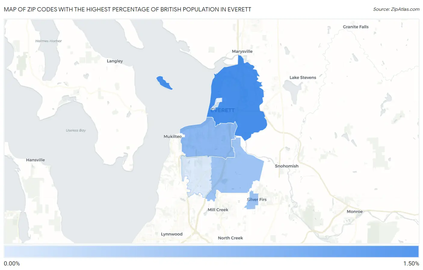 Zip Codes with the Highest Percentage of British Population in Everett Map