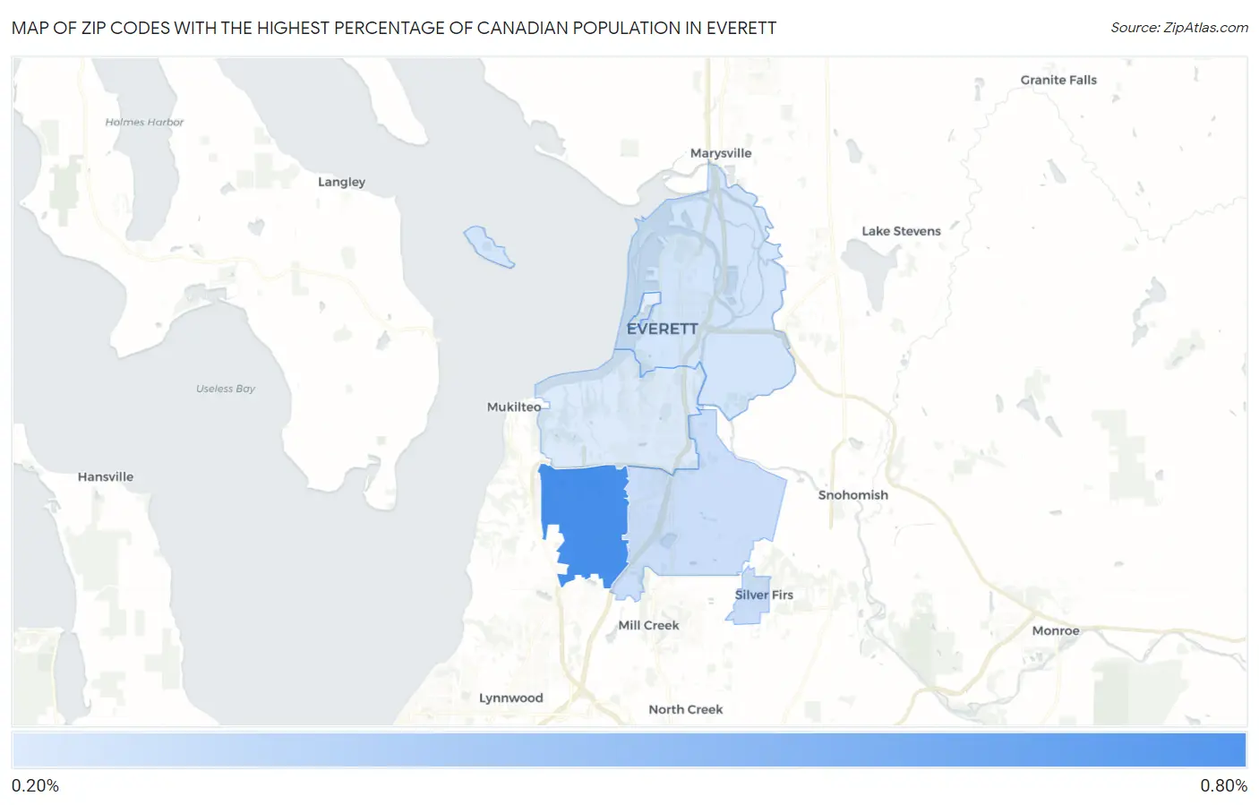 Zip Codes with the Highest Percentage of Canadian Population in Everett Map