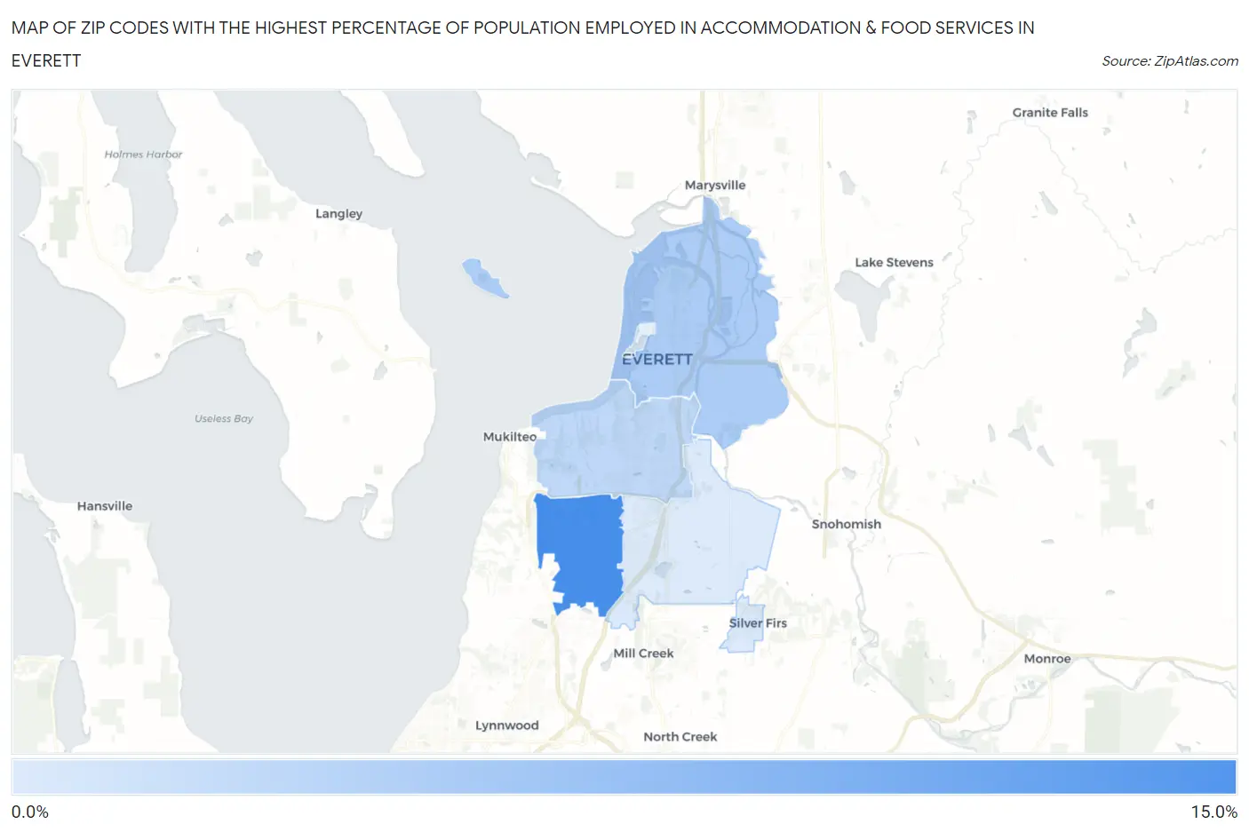 Zip Codes with the Highest Percentage of Population Employed in Accommodation & Food Services in Everett Map
