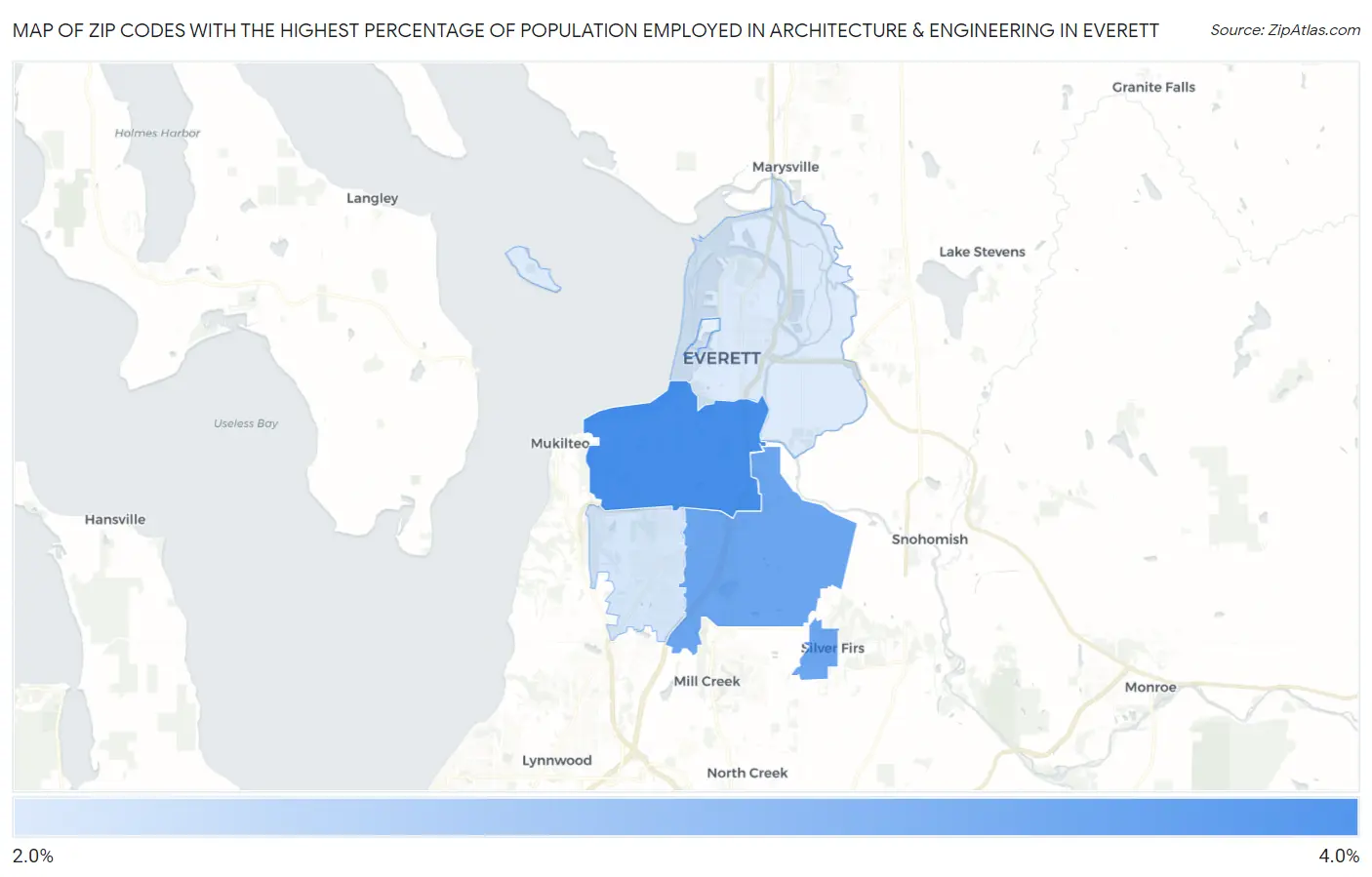 Zip Codes with the Highest Percentage of Population Employed in Architecture & Engineering in Everett Map