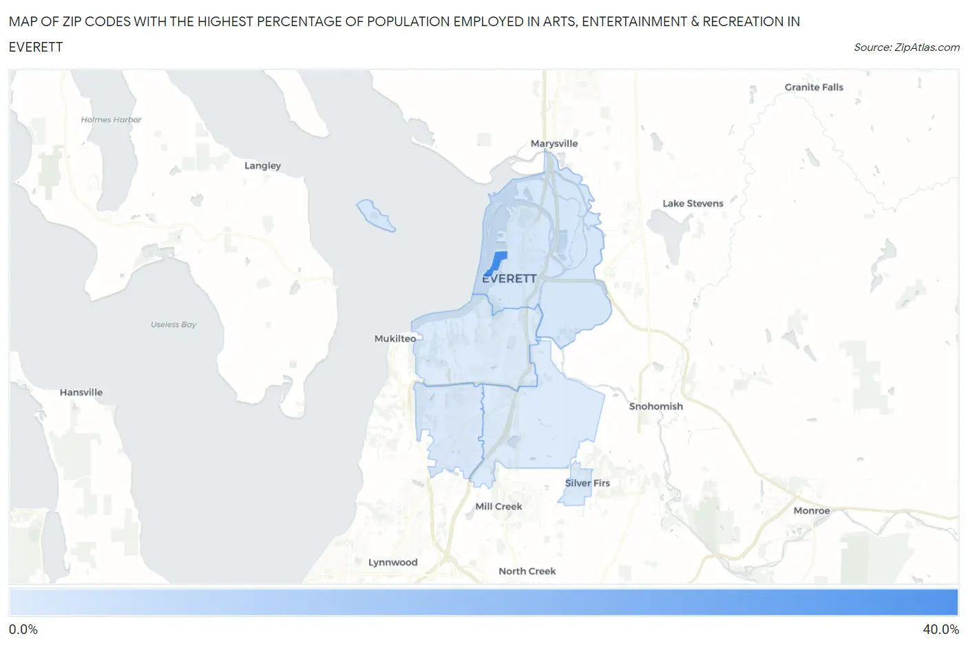 Zip Codes with the Highest Percentage of Population Employed in Arts, Entertainment & Recreation in Everett Map