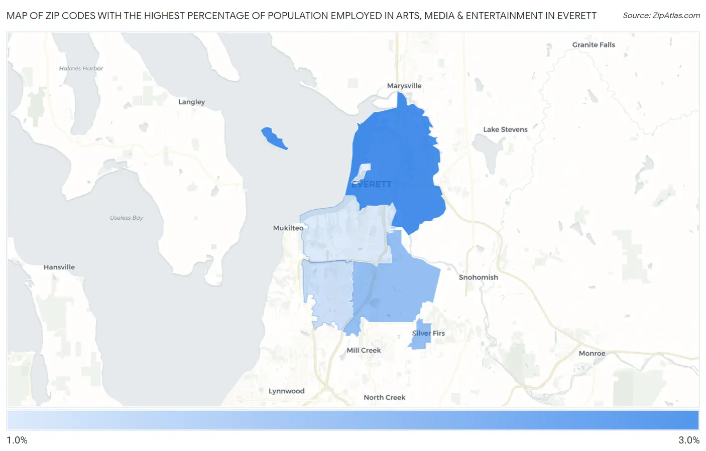 Zip Codes with the Highest Percentage of Population Employed in Arts, Media & Entertainment in Everett Map