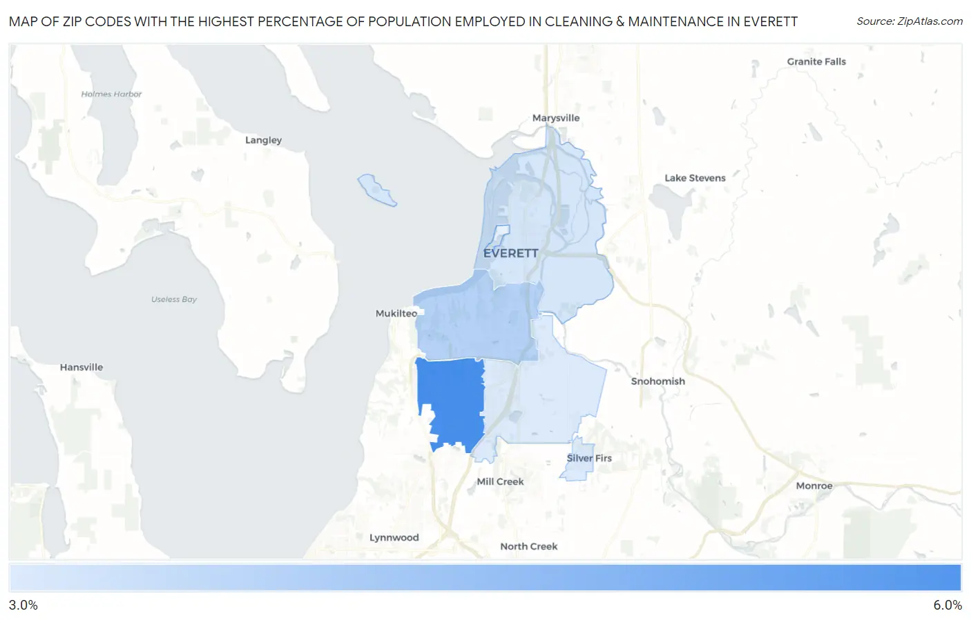 Zip Codes with the Highest Percentage of Population Employed in Cleaning & Maintenance in Everett Map