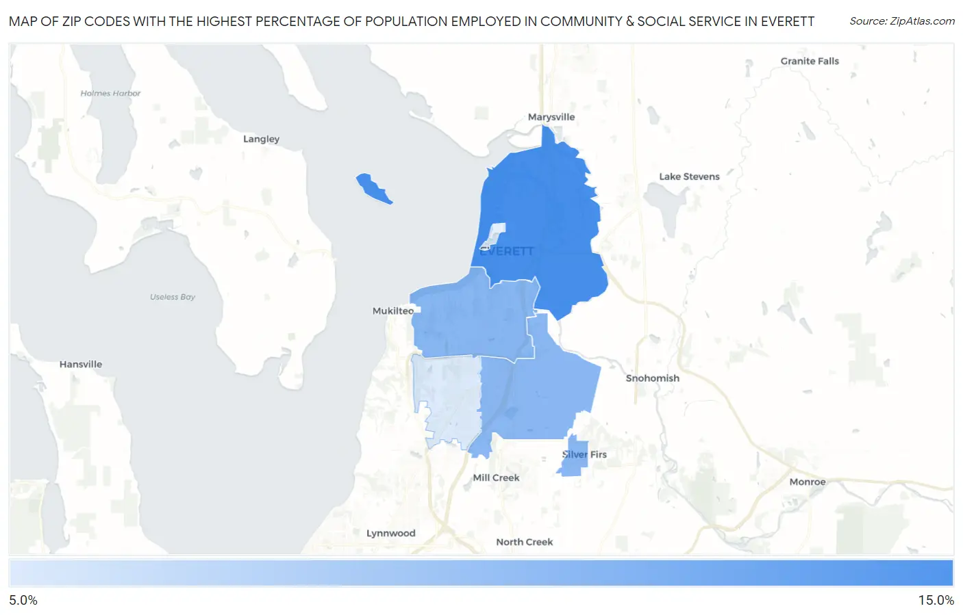 Zip Codes with the Highest Percentage of Population Employed in Community & Social Service  in Everett Map