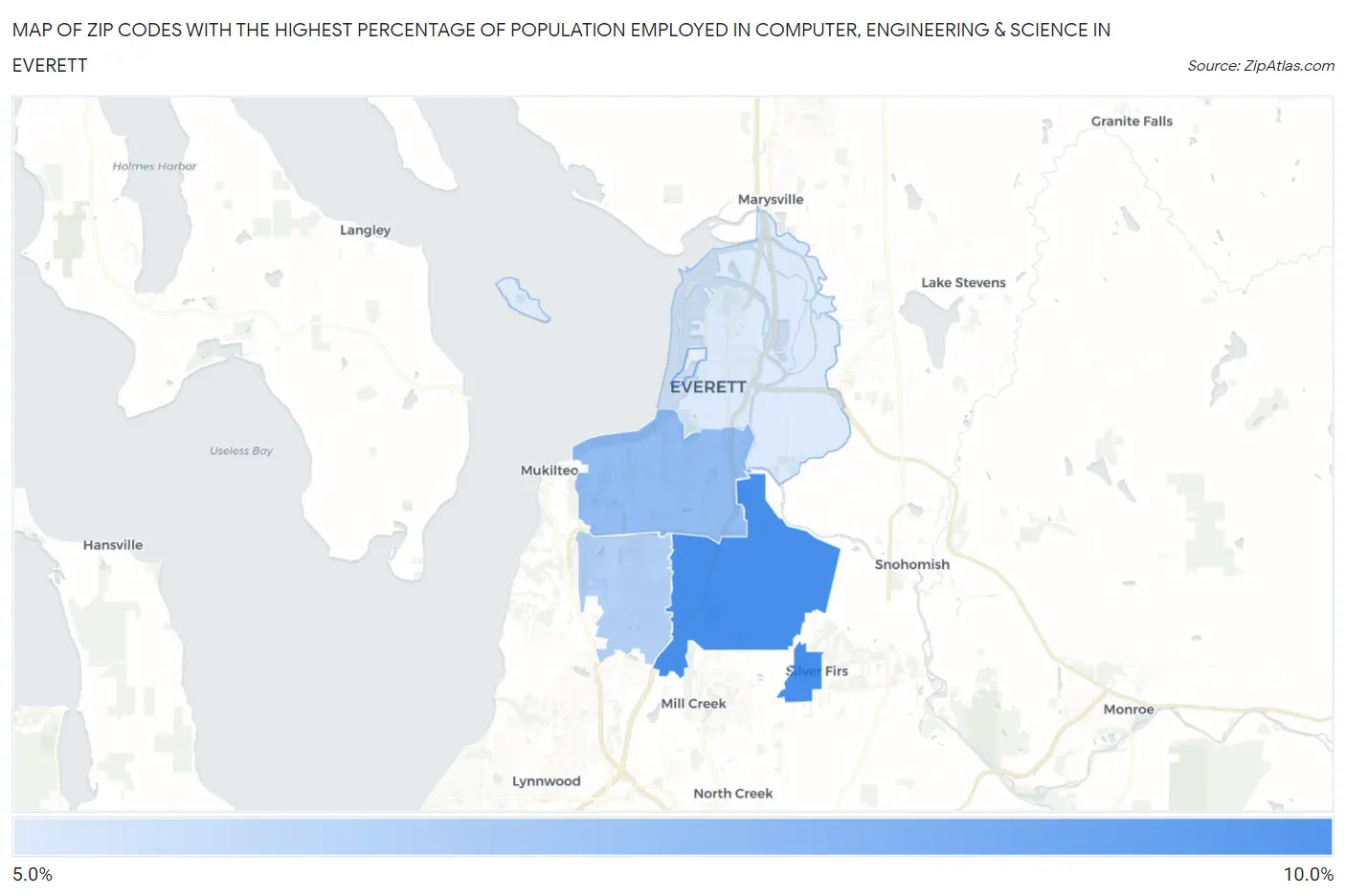 Zip Codes with the Highest Percentage of Population Employed in Computer, Engineering & Science in Everett Map