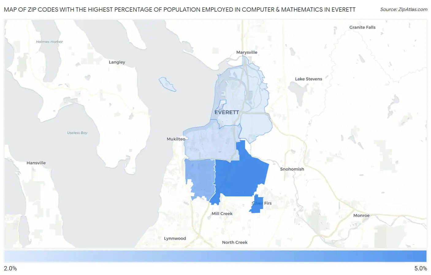 Zip Codes with the Highest Percentage of Population Employed in Computer & Mathematics in Everett Map