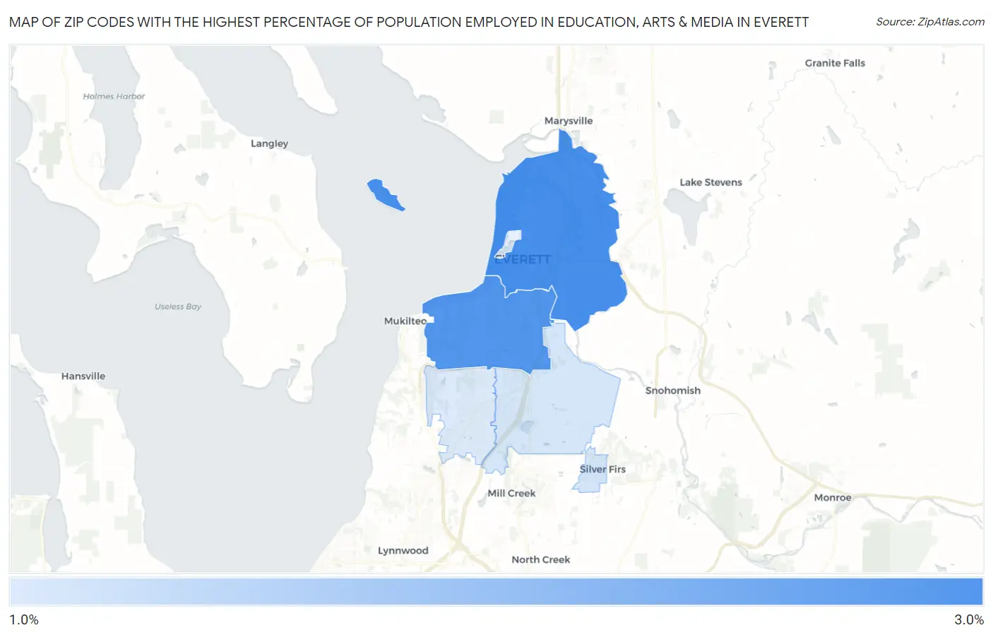 Zip Codes with the Highest Percentage of Population Employed in Education, Arts & Media in Everett Map