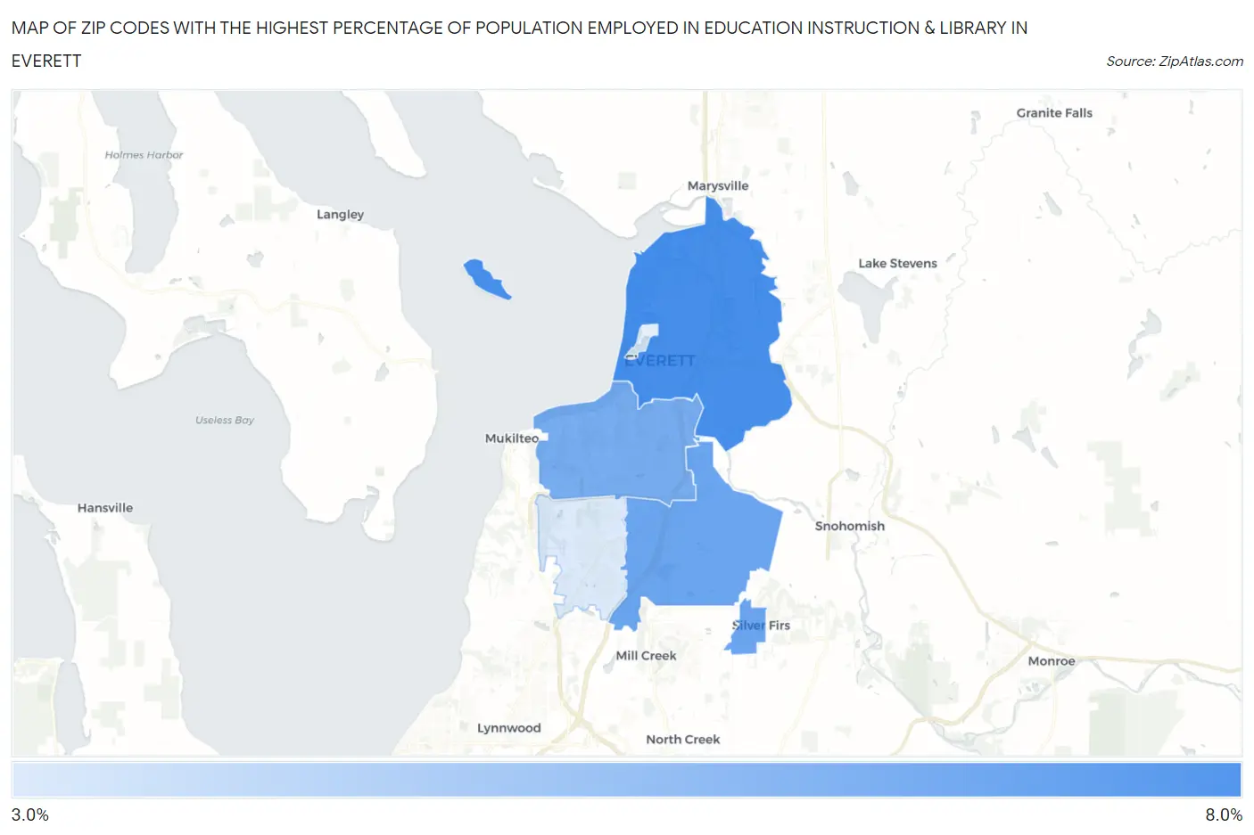 Zip Codes with the Highest Percentage of Population Employed in Education Instruction & Library in Everett Map