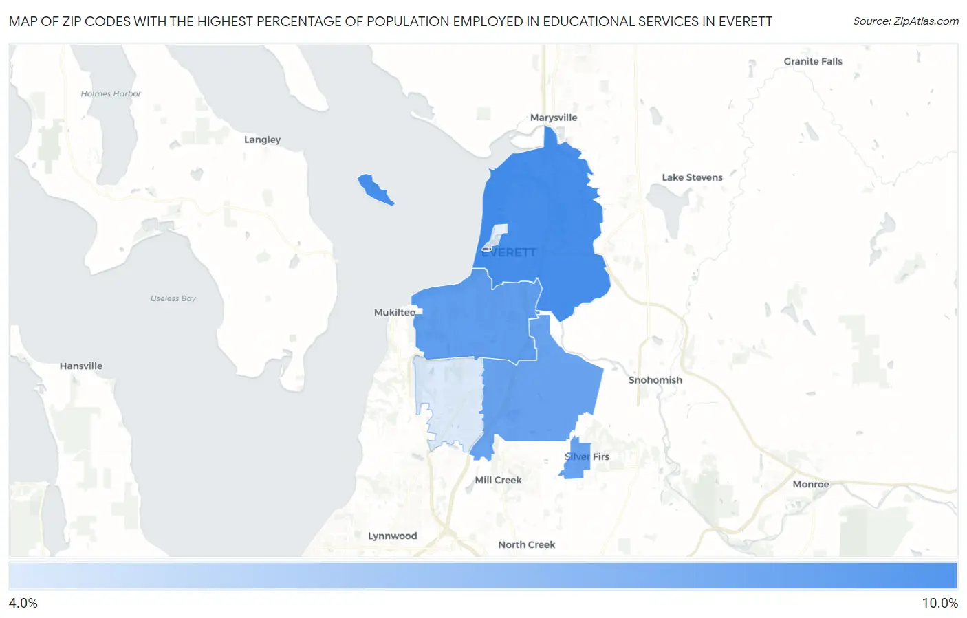 Zip Codes with the Highest Percentage of Population Employed in Educational Services in Everett Map