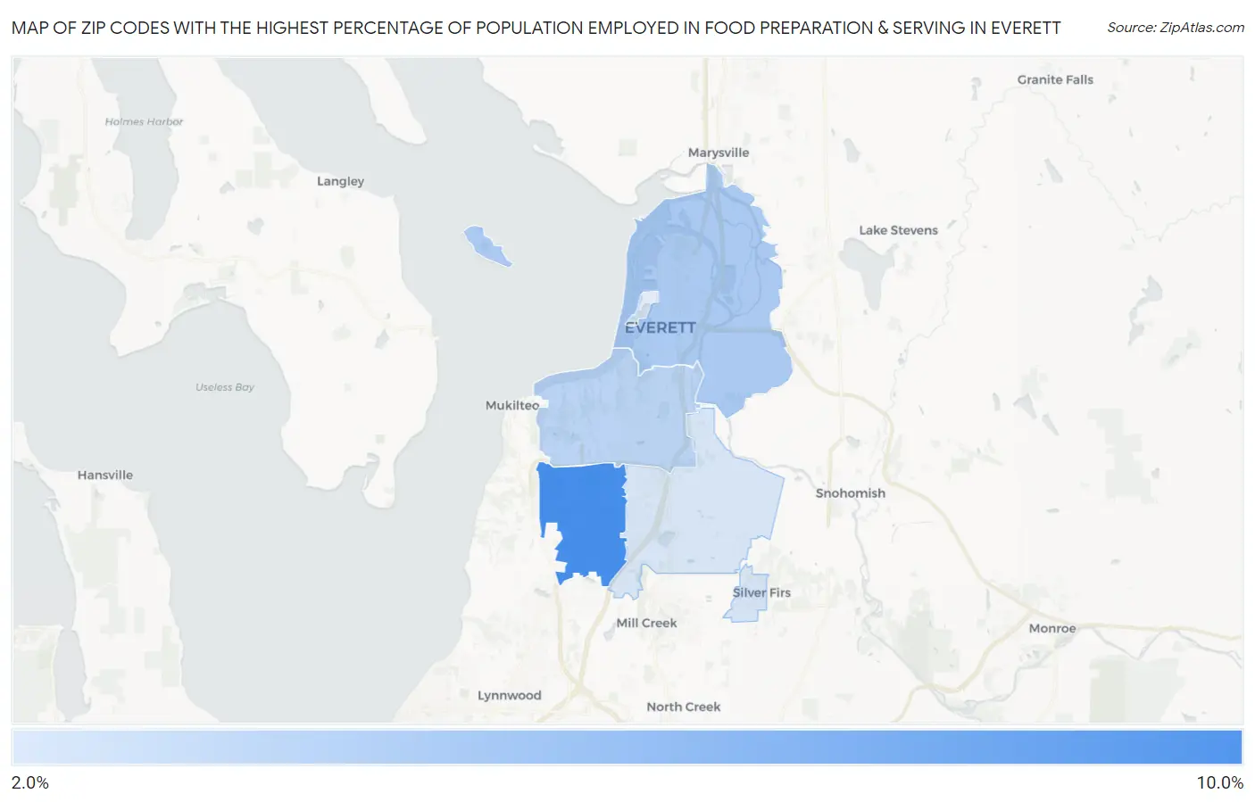 Zip Codes with the Highest Percentage of Population Employed in Food Preparation & Serving in Everett Map