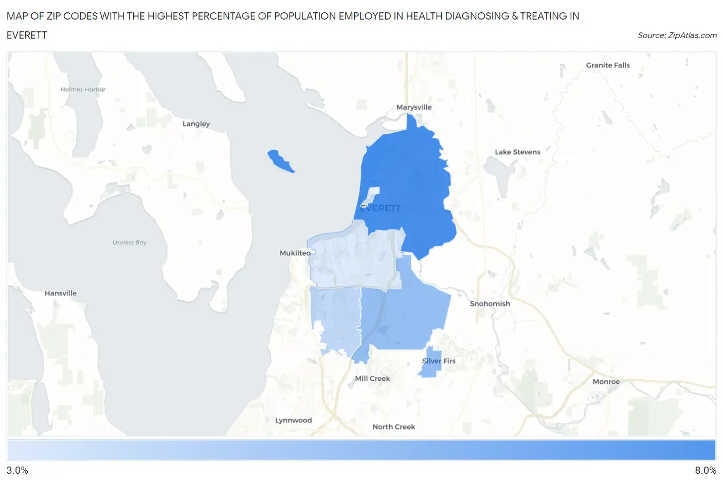 Zip Codes with the Highest Percentage of Population Employed in Health Diagnosing & Treating in Everett Map