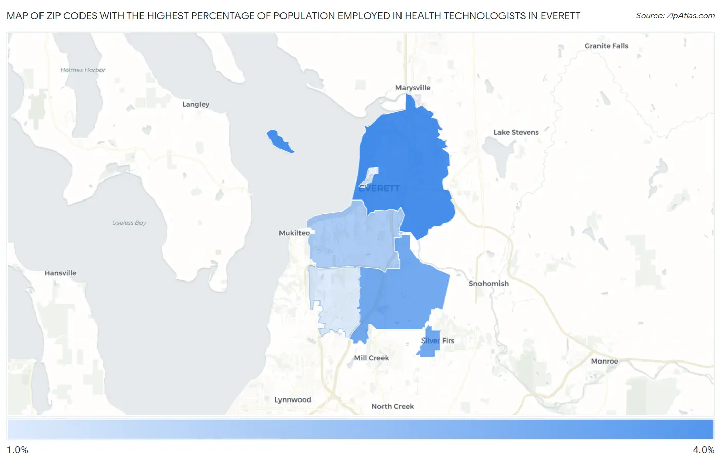 Zip Codes with the Highest Percentage of Population Employed in Health Technologists in Everett Map