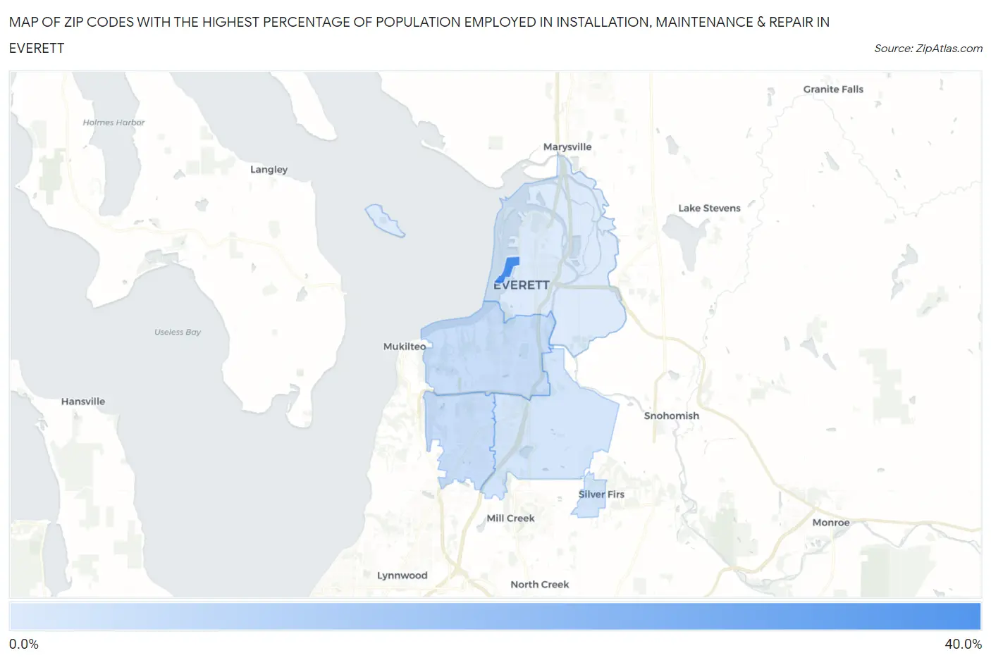 Zip Codes with the Highest Percentage of Population Employed in Installation, Maintenance & Repair in Everett Map
