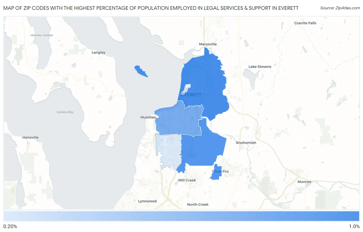 Zip Codes with the Highest Percentage of Population Employed in Legal Services & Support in Everett Map