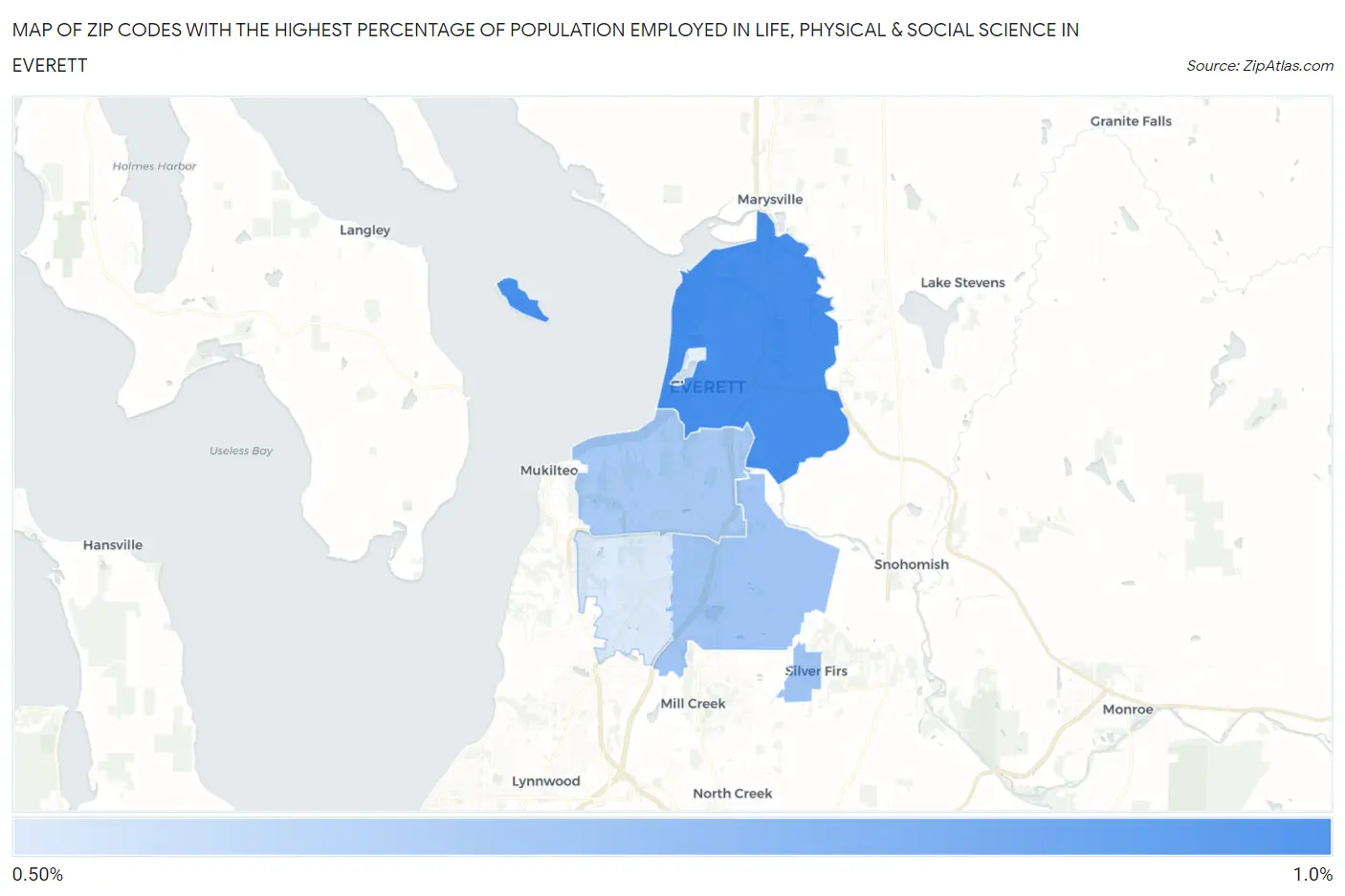 Zip Codes with the Highest Percentage of Population Employed in Life, Physical & Social Science in Everett Map