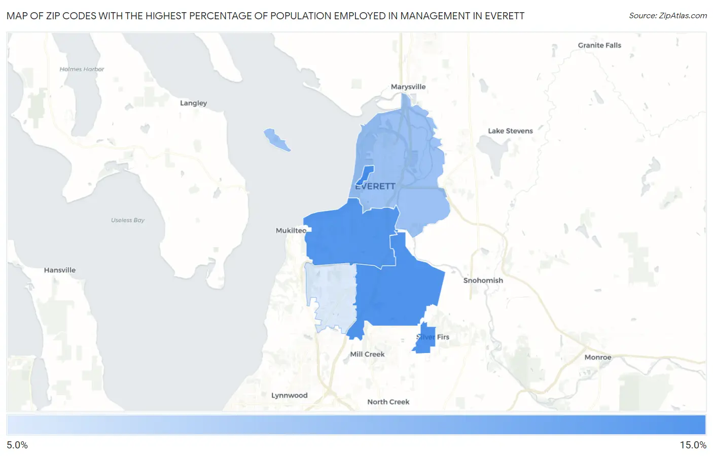 Zip Codes with the Highest Percentage of Population Employed in Management in Everett Map