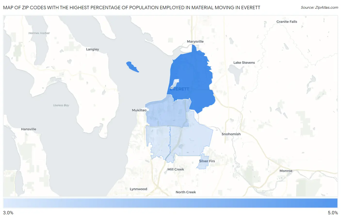 Zip Codes with the Highest Percentage of Population Employed in Material Moving in Everett Map