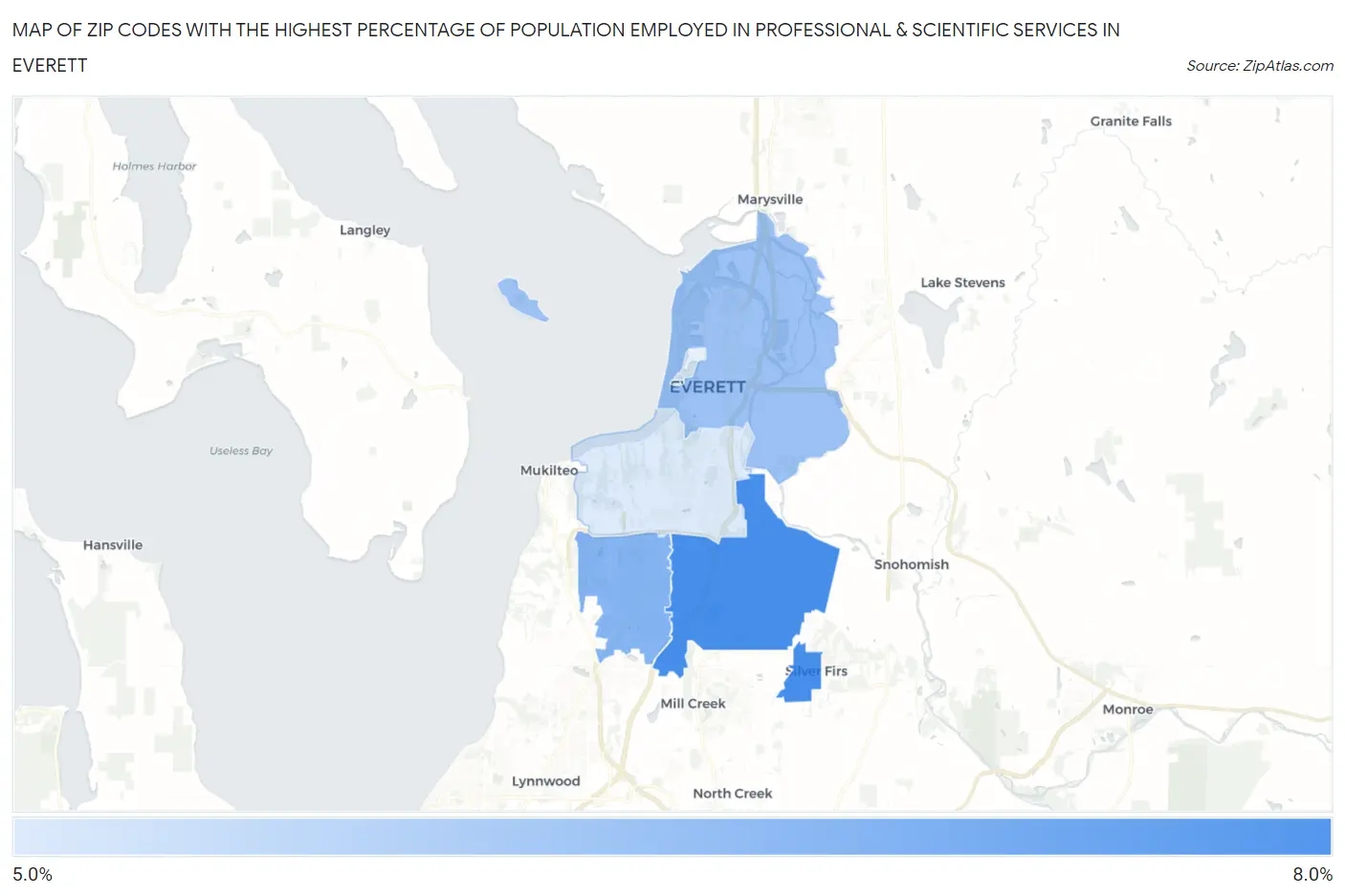 Zip Codes with the Highest Percentage of Population Employed in Professional & Scientific Services in Everett Map