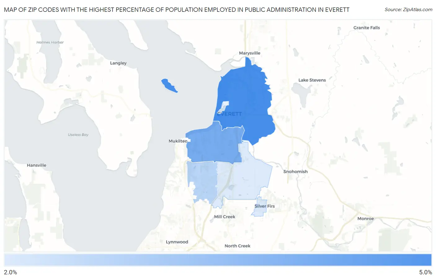 Zip Codes with the Highest Percentage of Population Employed in Public Administration in Everett Map