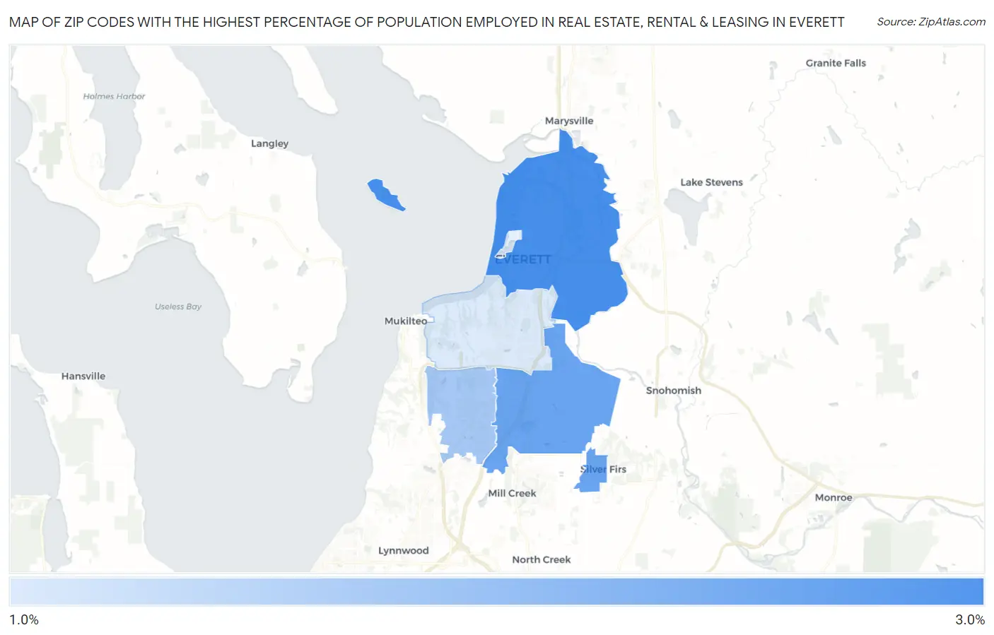 Zip Codes with the Highest Percentage of Population Employed in Real Estate, Rental & Leasing in Everett Map