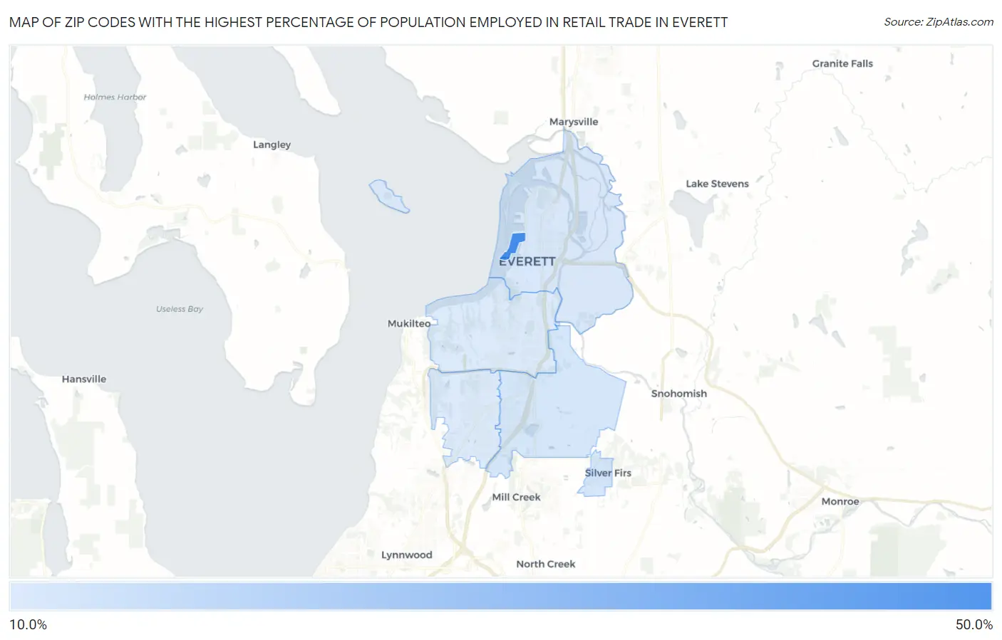 Zip Codes with the Highest Percentage of Population Employed in Retail Trade in Everett Map