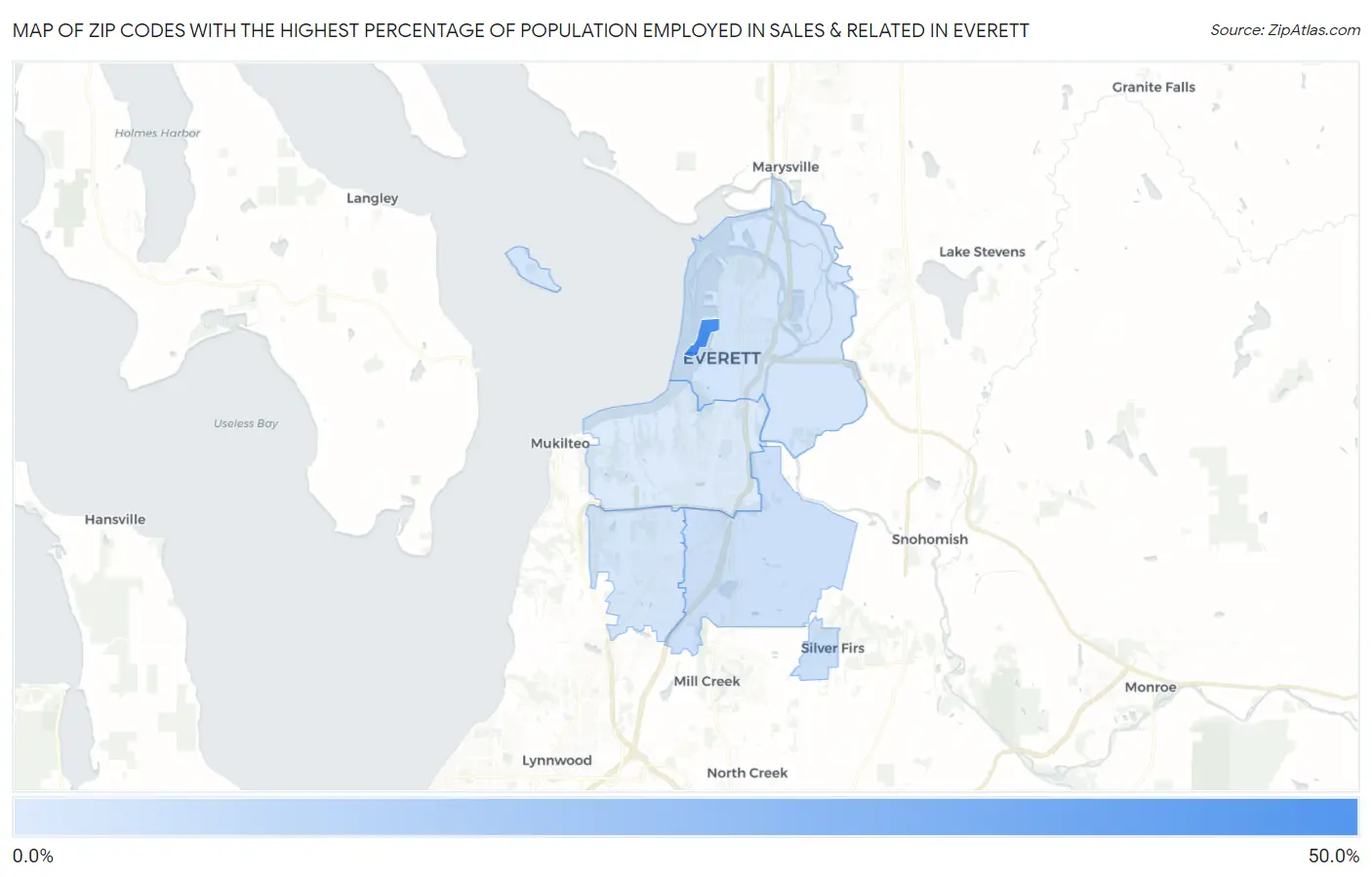 Zip Codes with the Highest Percentage of Population Employed in Sales & Related in Everett Map