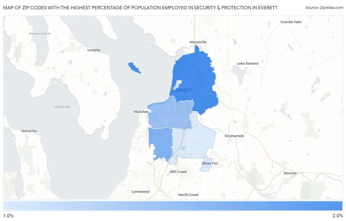 Zip Codes with the Highest Percentage of Population Employed in Security & Protection in Everett Map