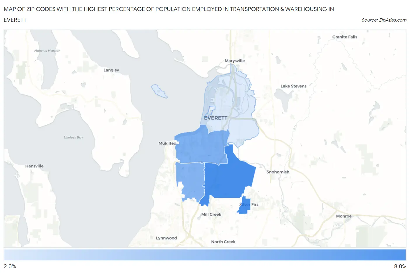Zip Codes with the Highest Percentage of Population Employed in Transportation & Warehousing in Everett Map