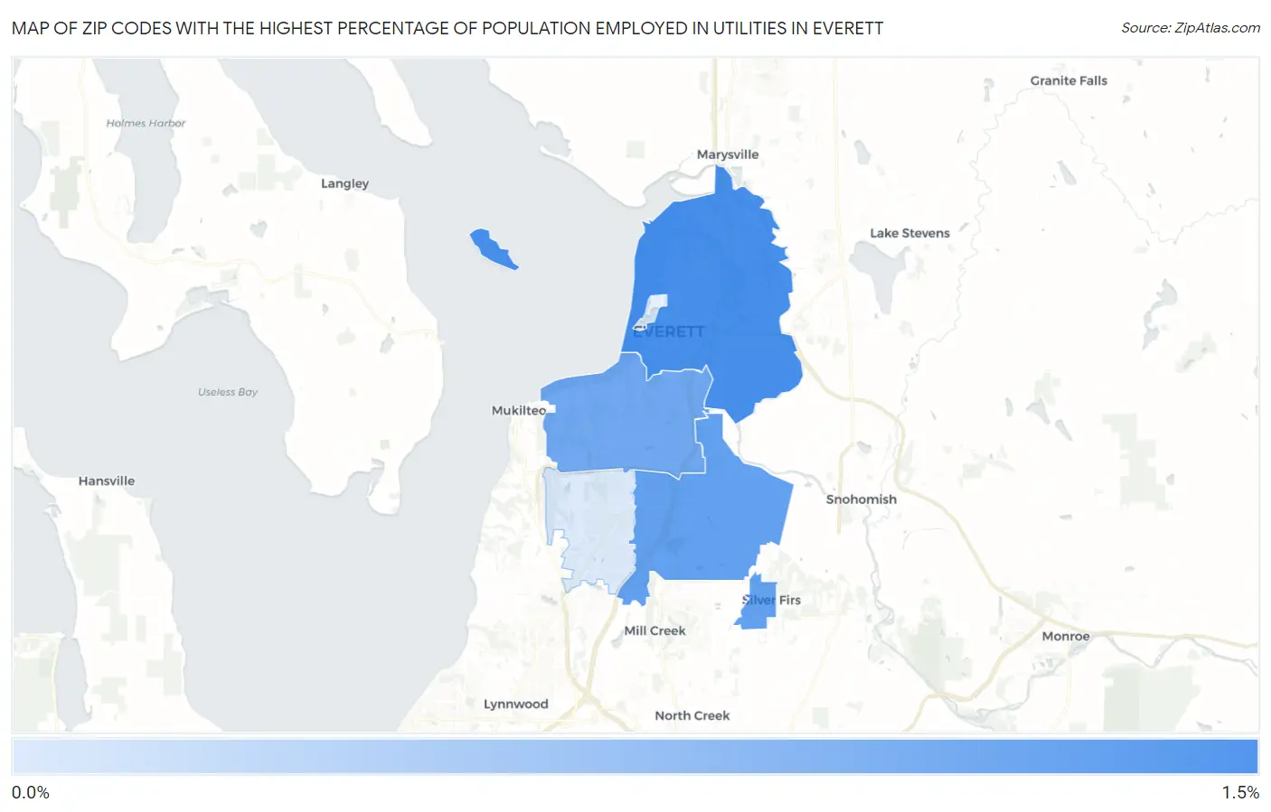 Zip Codes with the Highest Percentage of Population Employed in Utilities in Everett Map