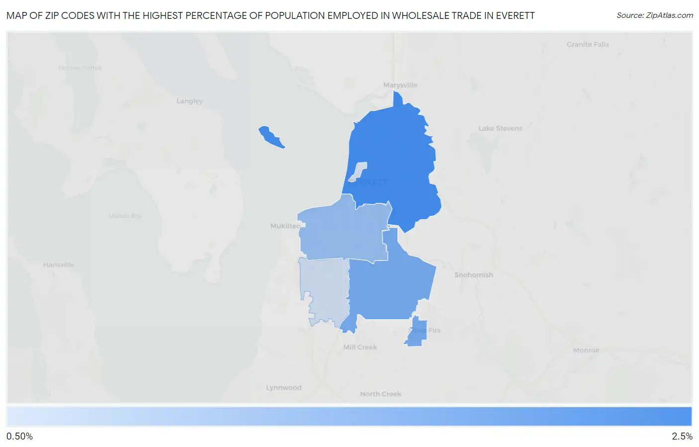 Zip Codes with the Highest Percentage of Population Employed in Wholesale Trade in Everett Map