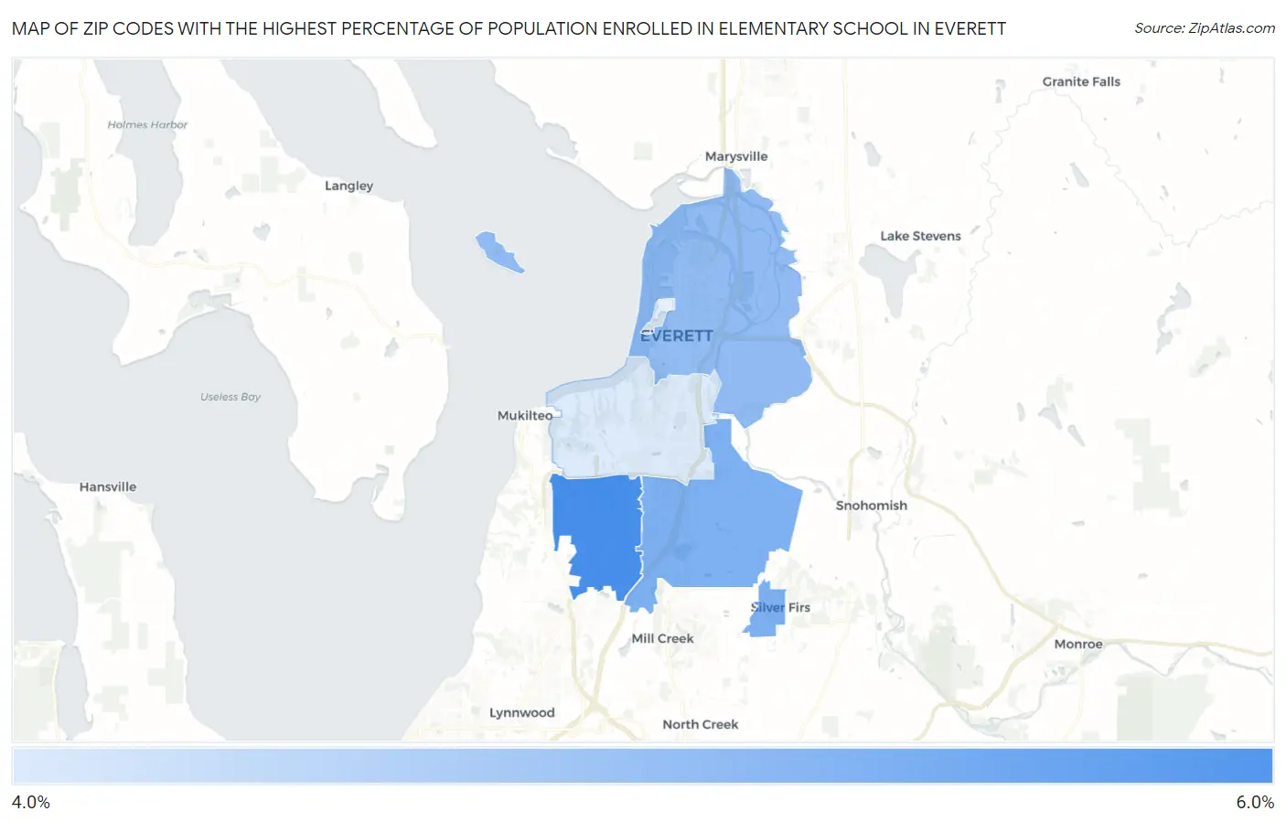 Zip Codes with the Highest Percentage of Population Enrolled in Elementary School in Everett Map