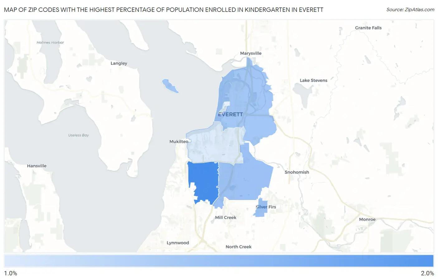 Zip Codes with the Highest Percentage of Population Enrolled in Kindergarten in Everett Map